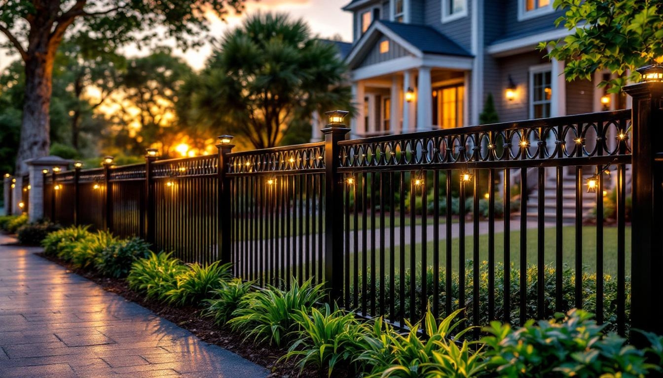 Aluminum fence with solar-powered lighting