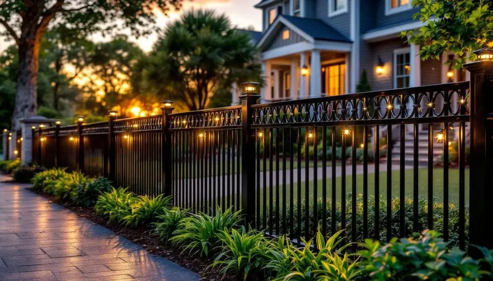 Aluminum fence with solar-powered lighting