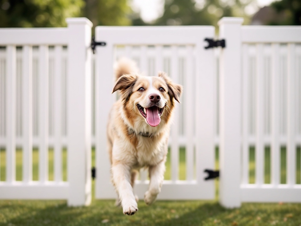 Happy dog playing behind a white vinyl fence by Dubya Fence, showcasing durability and pet safety.