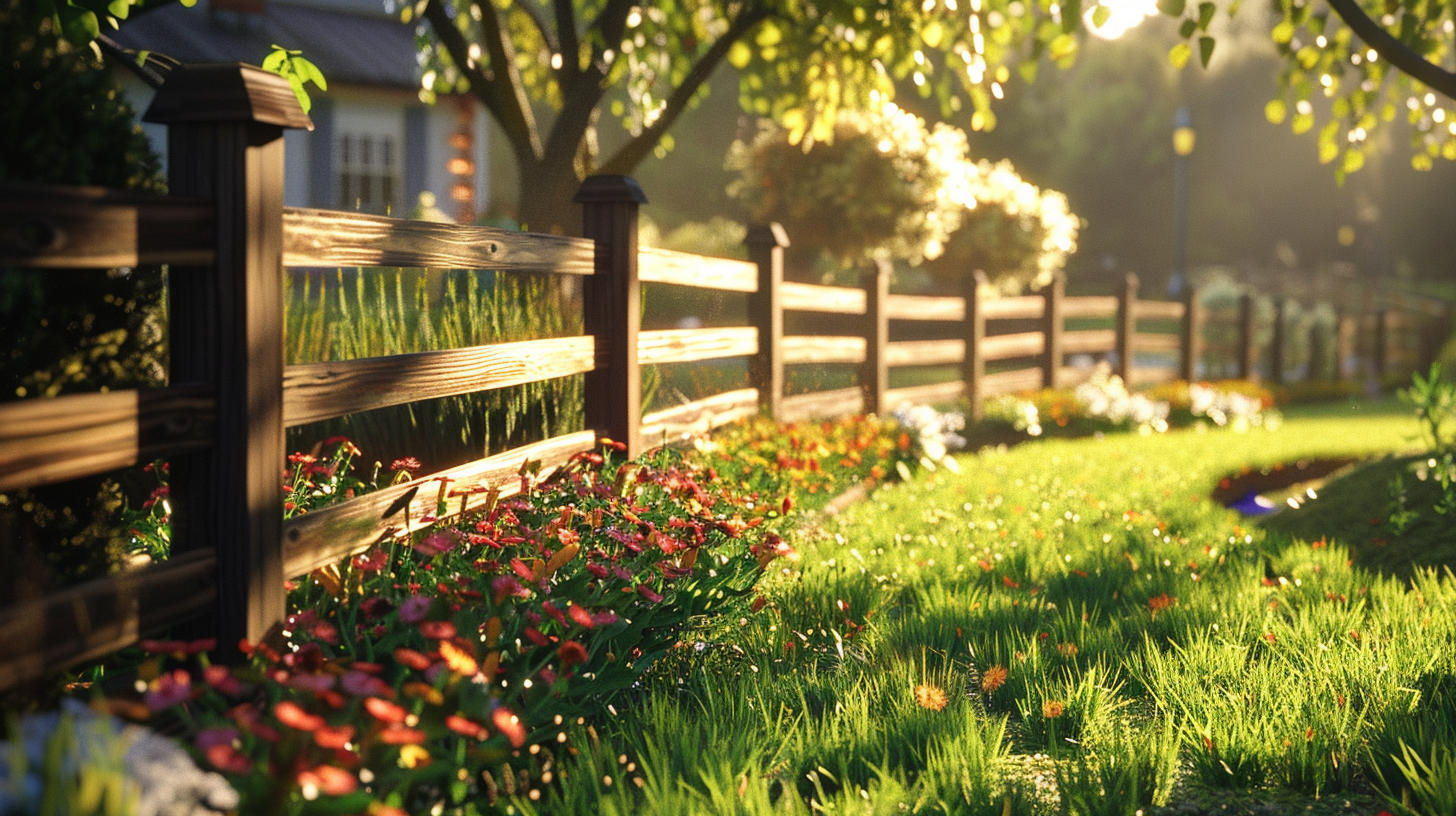 Beautiful wooden fence surrounded by vibrant flowers and lush greenery, showcasing expert craftsmanship in residential fencing, ideal for enhancing property appeal in Rowesville, SC.