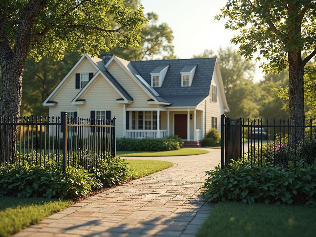 Residential property in Orangeburg, SC, surrounded by various durable metal fences, including elegant aluminum, robust steel, classic wrought iron, practical chain-link, and modern privacy fences, highlighted under a sunny sky with lush greenery.