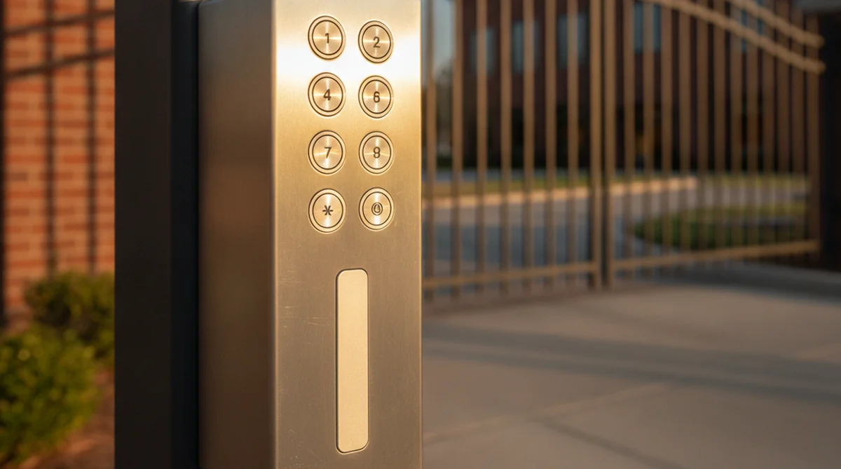 AES keypad and card reader on commercial gate post