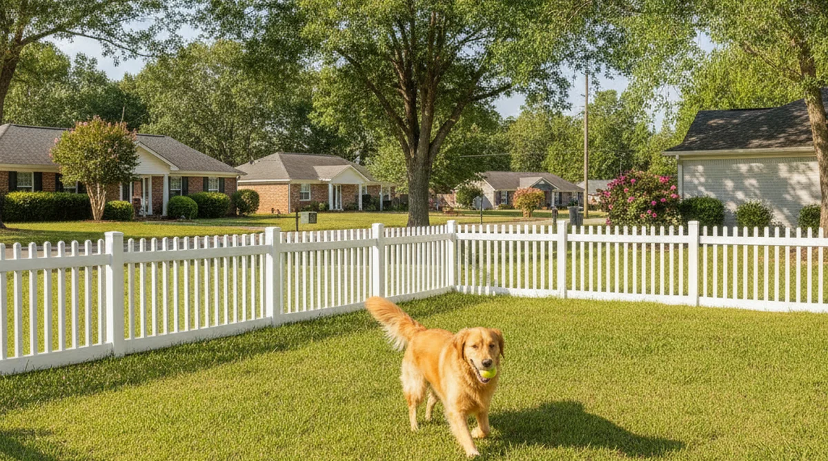 White vinyl dog fence in Holly Hill SC backyard