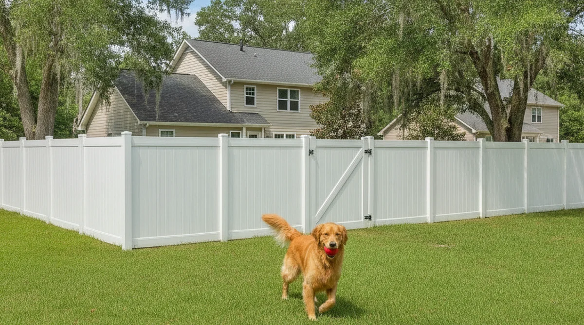 White vinyl dog fence in Sumter SC backyard