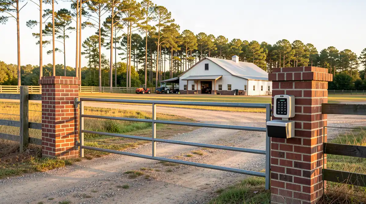 Commercial gate access control keypad installation at a business property in Cameron SC