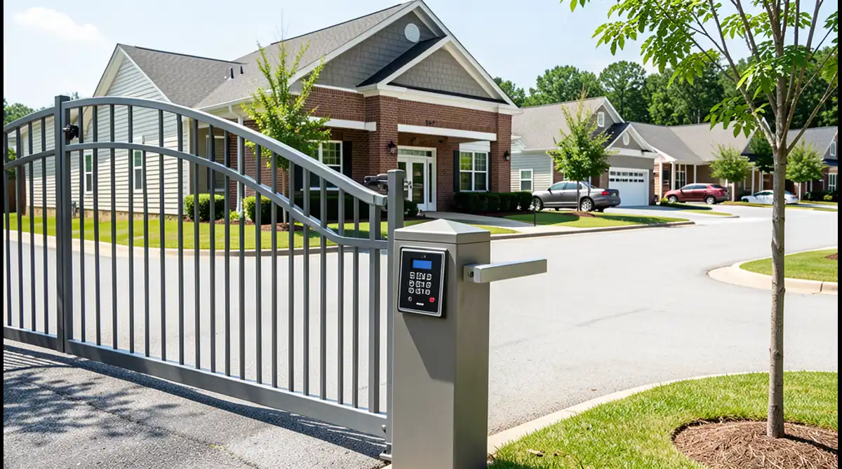 Commercial gate access control keypad at a business entrance in Bowman, SC