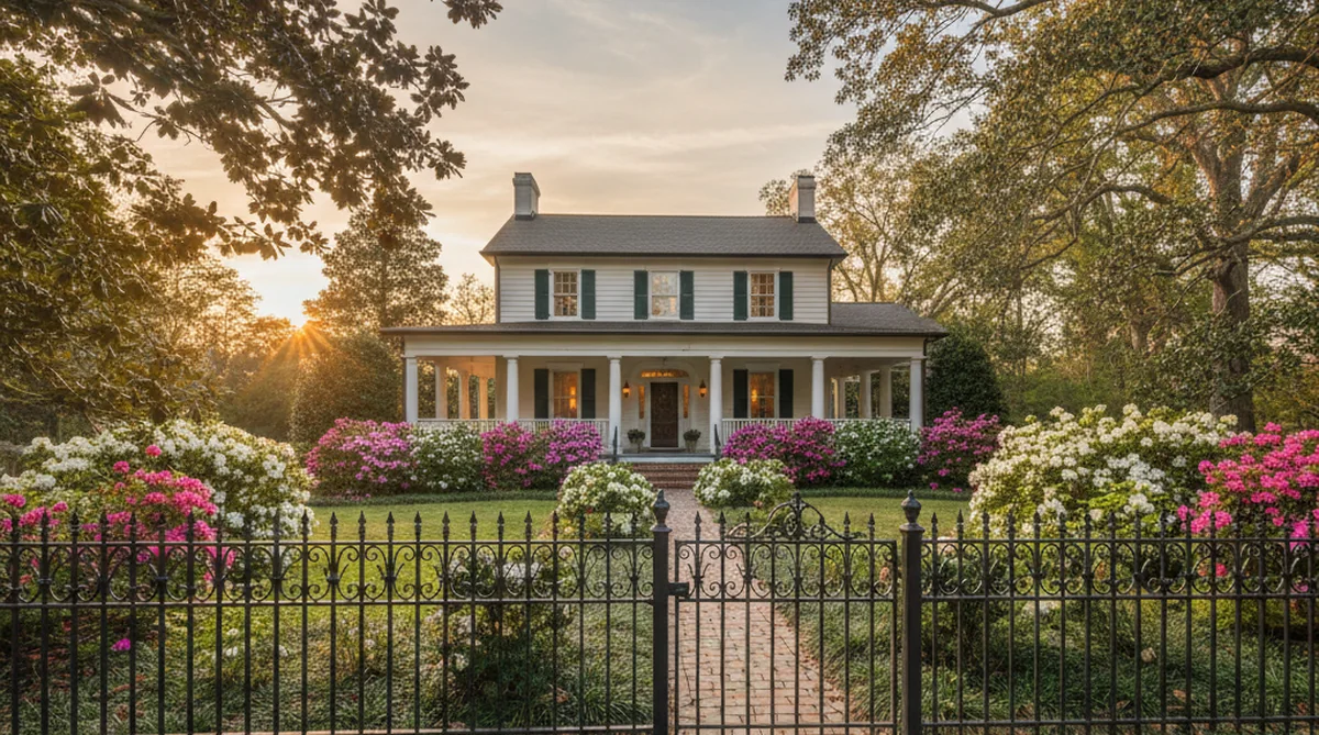 Decorative ornamental iron fence enhancing home curb appeal
