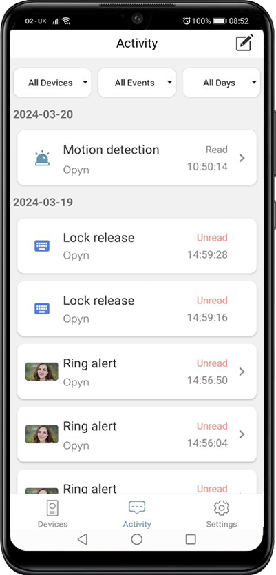 AES Opyn app activity log showing motion detection alerts and gate access history