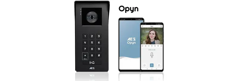 AES Opyn IP video intercom with keypad, fob reader, and smartphone app for telephone entry and gate access