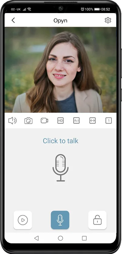 AES Opyn app video intercom call screen showing live visitor camera feed