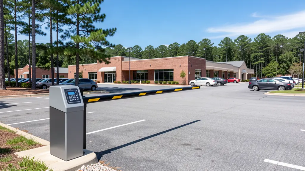 Automatic boom barrier parking lot gate at a commercial business entrance in Orangeburg SC