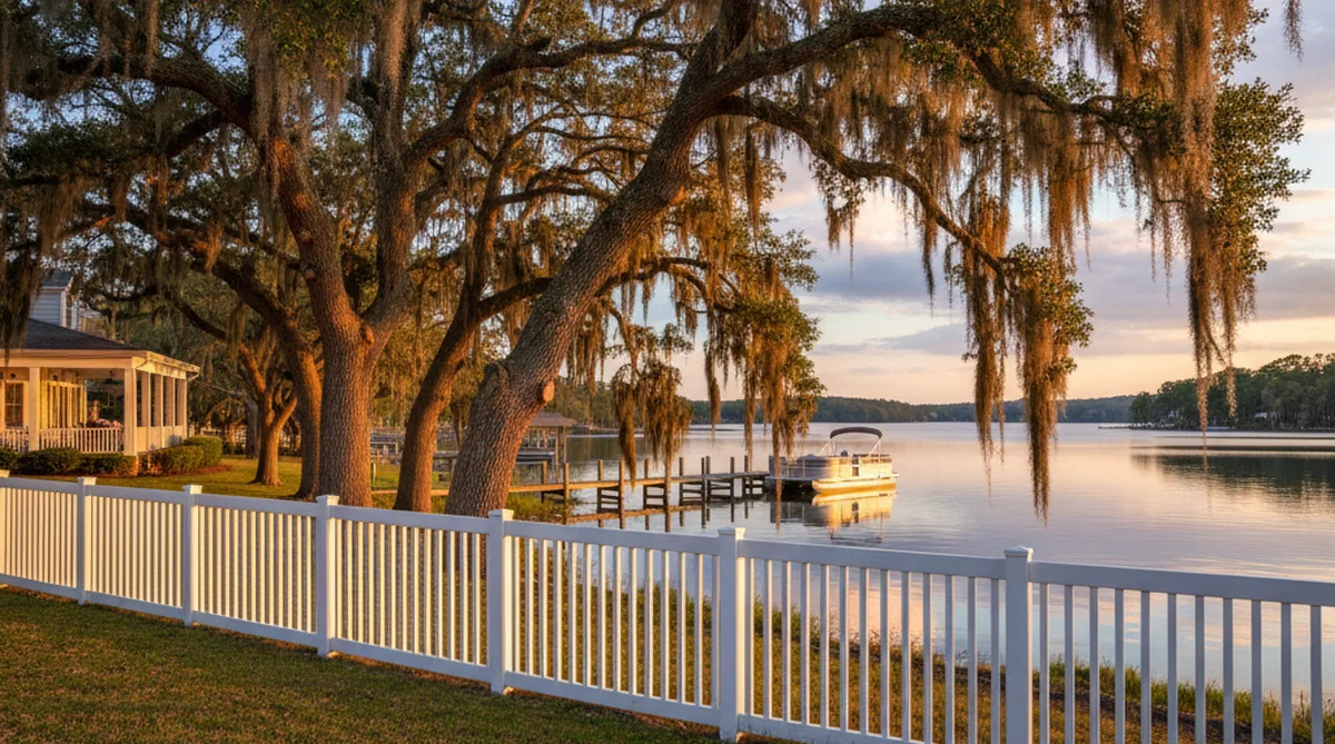 Vinyl fence along lakefront property in Summerville SC